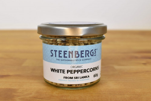 Steenbergs Organic White Peppercorns in glass jar from the Steenbergs UK online organic spice shop.