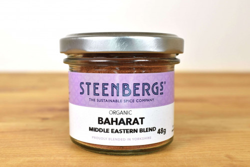 Steenbergs Organic Baharat Spice Mix in Glass Jar from the Steenbergs UK online shop for organic herbs and spices and middle eastern spice blends.