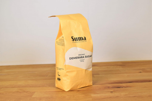 Suma Organic Demerara sugar is natural unrefined cane sugar available from Steenbergs UK online shop for organic vegan baking ingredients.