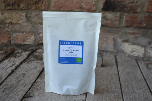 Steenbergs Organic Coriander Powder 150g in heat sealed paper bags from the Steenbergs UK online shop for organic herbs and spices.