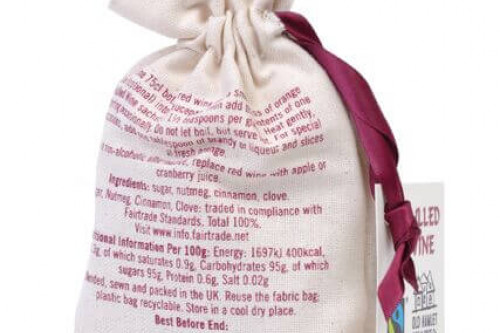 Old Hamlet Fairtrade Mulled Wine Sugar and Spice Mixes in printed calico bag. Blended in North Yorkshire, bags sewn in the UK