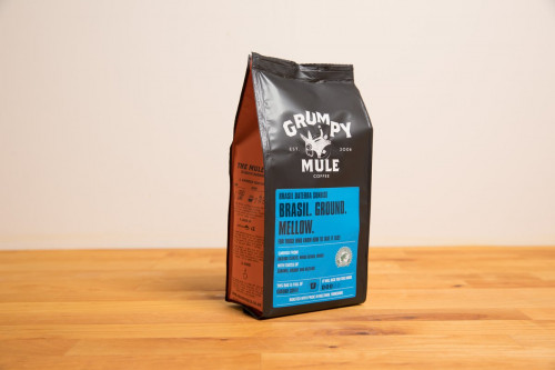 Grumpy Mule RFA Brasilian Ground Filter Coffee, Rainforest Alliance, from the Steenbergs UK online shop for ethical filter coffee and loose leaf tea.