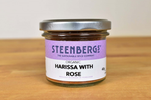 Buy Steenbergs Organic Harissa with Rose Spice Mix in Glass Jar from Steenbergs UK online shop for organic herbs and spices and arabic spice mixes.