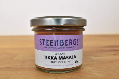 Steenbergs Organic Tikka Masala Curry Powder in Glass Jar from the Steenbergs UK online shop for curry powders and spice mixes.