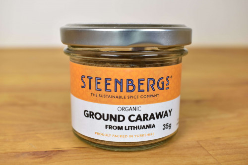 Steenbergs Organic Ground Caraway Powder in Glass Jar from the Steenbergs UK online shop for organic herbs and spices.