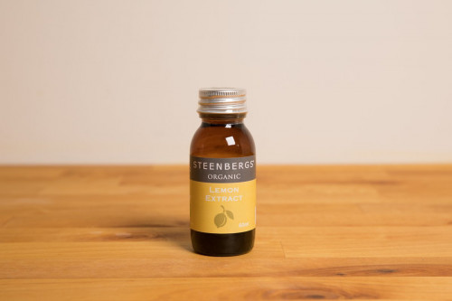 Steenbergs Organic Lemon Extract 60ml, glass bottle, from the Steenbergs UK online shop for organic baking extracts and ingredients.