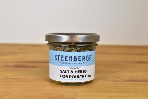 Steenbergs Organic Salt and Herbs for Poultry, a great seasoning for chicken or turkey, in glass jar from Steenbergs UK online shop for organic herbs, spices and seasonings.