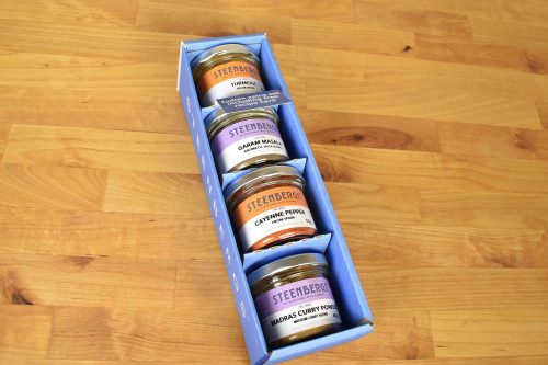 Steenbergs Organic Curry Spices Gift Set , four organic spices with recipe leaflet, from the Steenbergs UK online shop for organic spices and spice gifts.