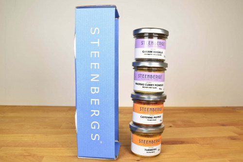 Steenbergs Organic Curry Spices Gift Set , four organic spices with recipe leaflet, from the Steenbergs UK online shop for organic spices and spice gifts.