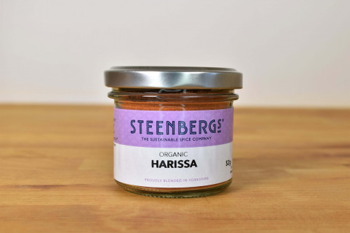 Steenbergs Organic Harissa Spice Mix in Glass Jar from the Steenbergs UK online shop for organic spice mixes and Moroccan spice blends. Blended in Yorkshire