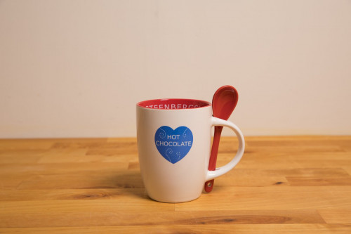 Steenbergs Hot Chocolate Mug, complete with spoon, great gift or for when you need a hug in a mug. Available from the Steenbergs UK online shop.