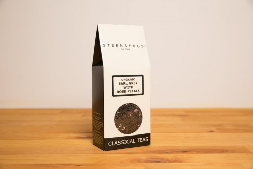 Steenbergs organic earl grey tea with rose, loose leaf, from the Steenbergs UK online shop for organic loose leaf teas and tea infusers.