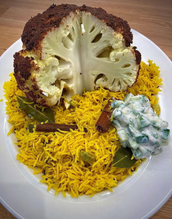 Garam Masala Spiced Whole Roasted Cauliflower with Pilau Rice and Coconut Raita