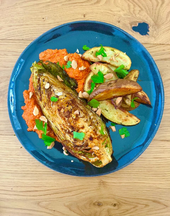 Sweet and smoky cabbage ‘steaks’ with rosemary potato wedges and romesco sauce recipe