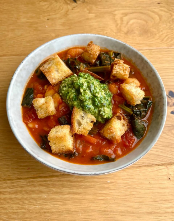Smoky cannellini bean stew with pumpkin seed pesto and garlic croutons recipe