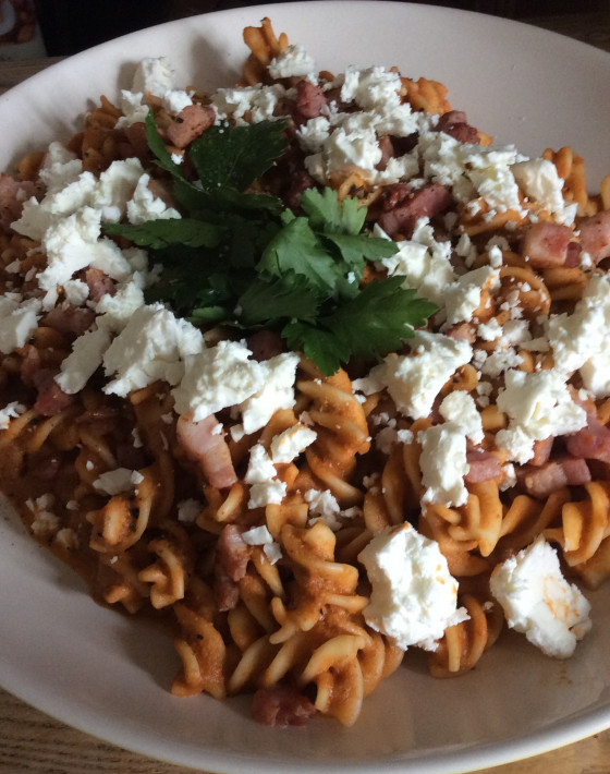 Roasted pepper and chilli pasta Recipe with smoked pancetta