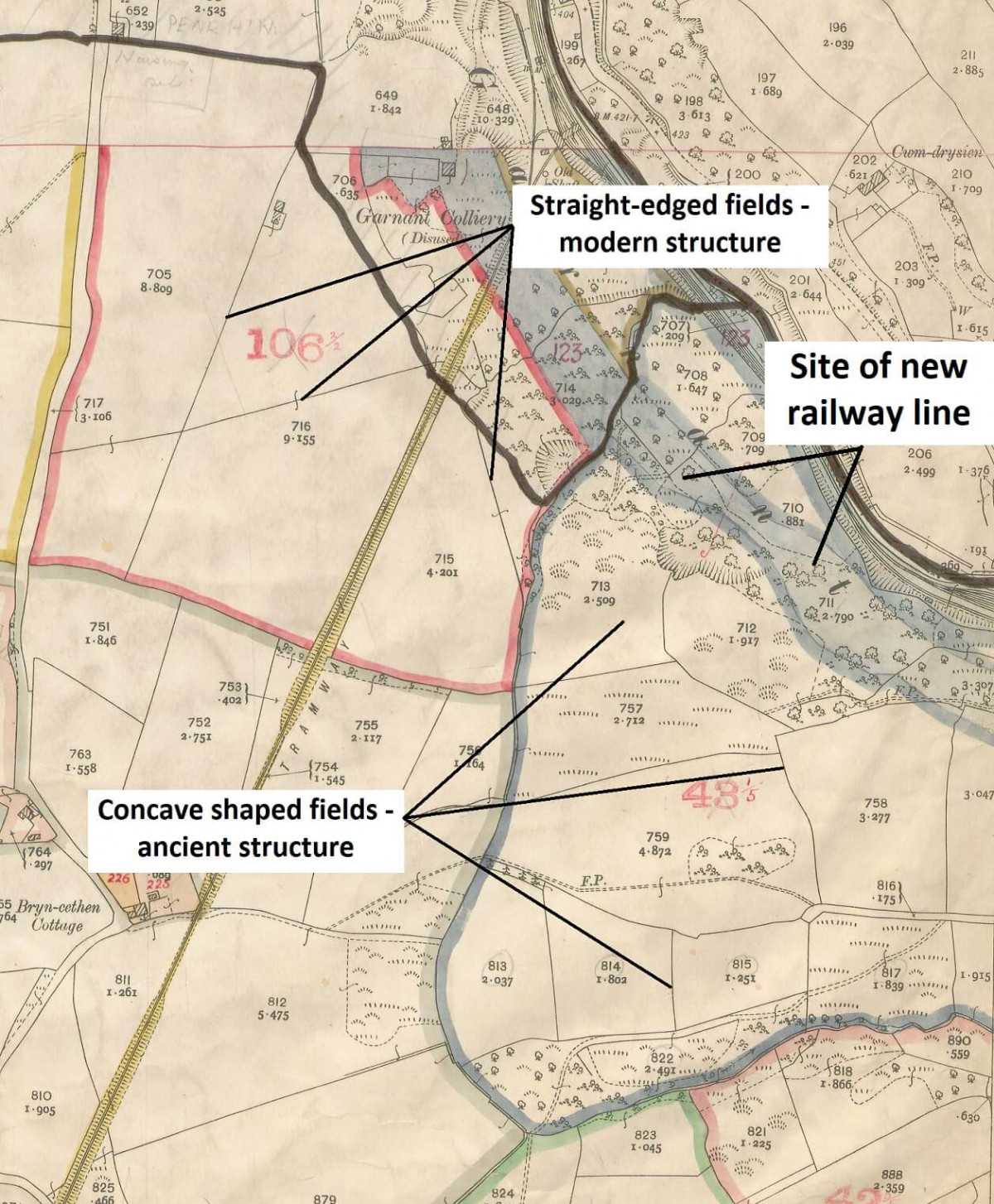 Old Map Showing Field Shapes And Line For New Railway