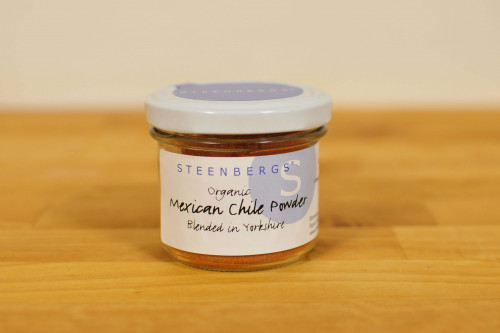 Steenbergs Organic Mexican Chilli Spice Blend in a glass jar from the UK Steenbergs online shop for organic spices.
