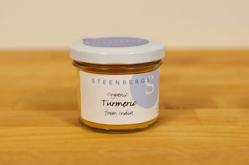 Steenbergs Organic Turmeric Powder in a Glass Jar from the Steenbergs UK online shop for organic herbs and spices.