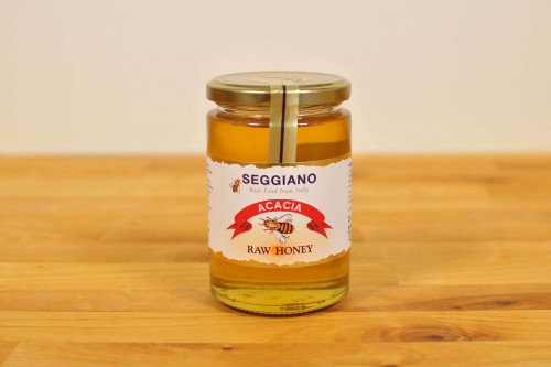 Seggiano Italian Raw Acacia Honey in Glass Jar from the Steenbergs UK online shop for raw honeys and other Italian gourmet foods.
