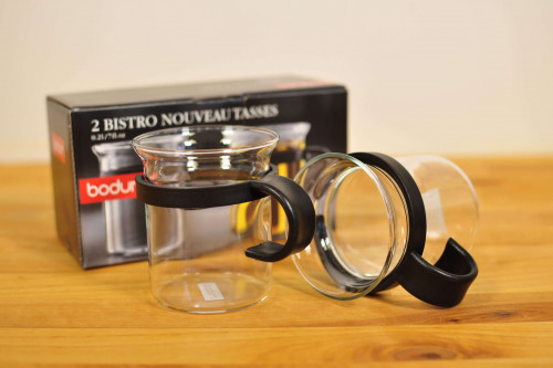 Bodum Bistro Glasses with handles , boxed pair, available from the Steenbergs UK online shop for drink mixes and tea.