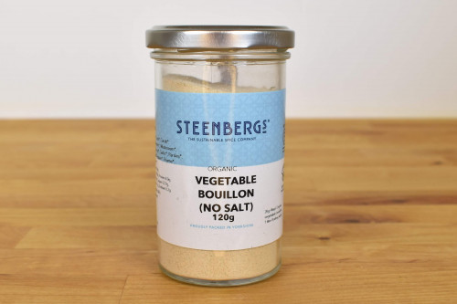 Steenbergs Organic Vegetable Bouillon, with no added salt, palm oil free, yeast free, in glass jar from the Steenbergs UK online shop for organic herbs and spices.