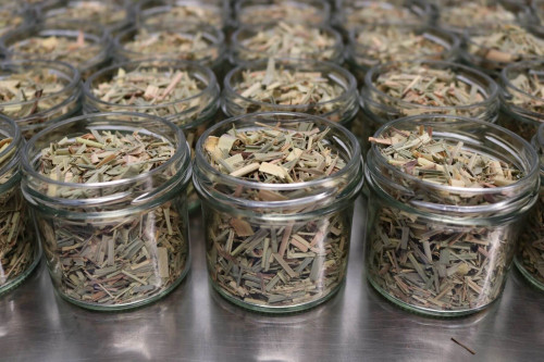 Organic Dried Lemongrass being packed at the Steenbergs UK organic herb and spice factory in North Yorkshire.