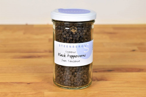 Steenbergs Organic Black Peppercorns in large jar from the Steenbergs UK online shop for organic herbs and spices.