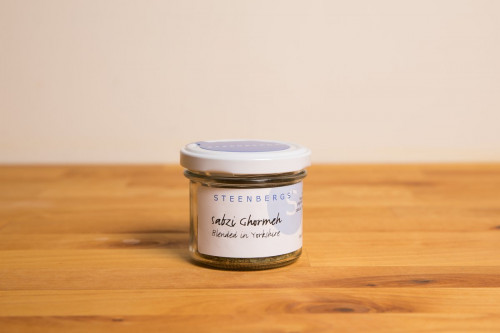 Sabzi Ghormeh Herb Blend, in glass jar, Persian style herb blend from the Steenbergs UK online shop for herbs and spices.