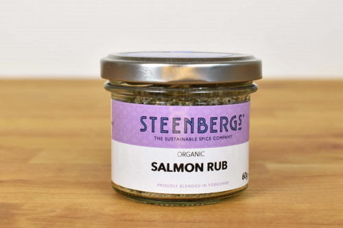 Steenbergs Organic Salmon Fish Rub, Glass Jar, from the Steenbergs UK online shop for spice seasoning and herb mixes.