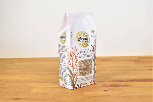 New plastic-free packaging of Biona Organic Wild Rice Mix from the Steenbergs UK online shop for organic rice, pulses, beans, spices and storecupboard ingredients.