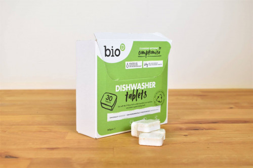 Bio D Dishwasher Tablets are plastic free and not harmful to the environment, buy from Steenbergs UK eco cleaning shop.