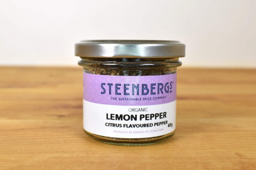 Steenbergs Organic Lemon Pepper Seasoning in Glass Jar from the Steenbergs UK online shop for organic herbs, spices and seasonings.