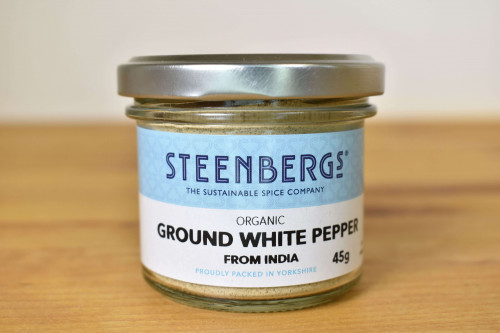 Steenbergs Organic Ground White Pepper in Glass Jar from the Steenbergs UK online shop for organic pepper and spice.