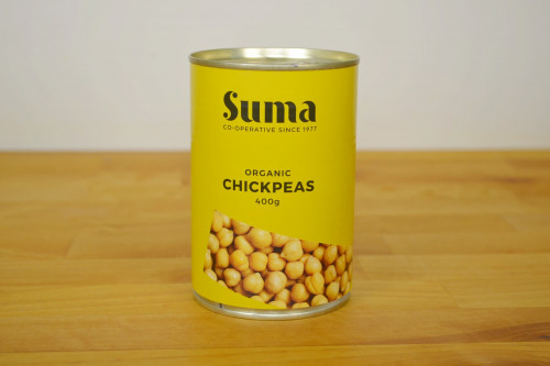 New look Suma Organic chickpeas tinned 400g, no added sugar, no added salt or skin hardeners, available from Steenbergs.