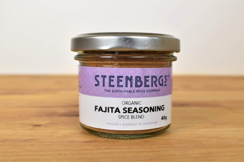 Steenbergs Organic Fajita Spice Mix in Glass Jar from the Steenbergs UK online shop for organic herbs and spices.