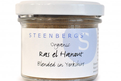 Steenbergs Organic Ras El Hanout Spice Blend in a Glass Jar from the Steenbergs Uk online shop for arabic spice mixes and organic spice blends.