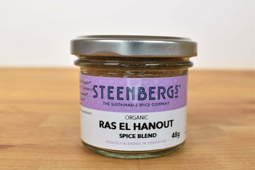 Steenbergs Organic Ras El Hanout Spice Blend in a Glass Jar from the Steenbergs Uk online shop for organic herbs and spices.