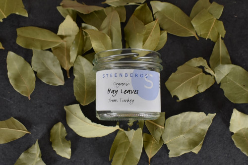 Steenbergs Organic Bay Leaves Dried in a reusable or recyclable glass jar, available at the UK Steenbergs online shop for herbs and spices.