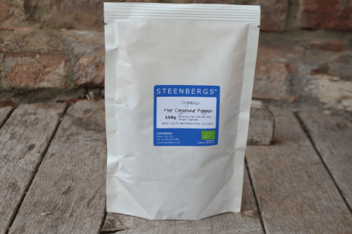 Steenbergs Organic Hot Cayenne Pepper Pouch 150g, plastic free,  from the  Steenbergs UK vegan online shop for organic spices.