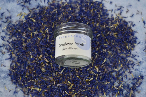 Steenbergs Blue Cornflower petals, dried, from the Steenbergs UK online shop for edible flowers, herbs and spices.