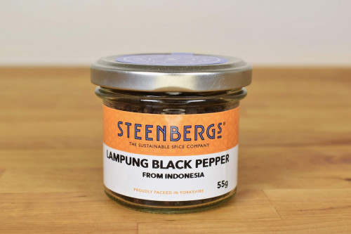 Steenbergs Lampung Black Pepper, Whole, in Glass Jar, from the Steenbergs UK online spice shop.