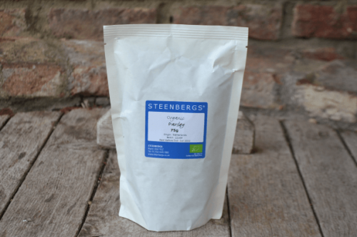 Steenbergs Organic Parsley Dried Herb from the Steenbergs UK online vegan shop for organic herbs and spices, baking ingredients and loose leaf teas.