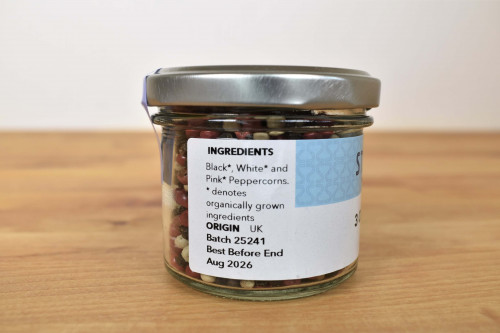 Steenbergs Organic 3 Colour Peppercorn Mix in Glass Jar from the Steenbergs UK online shop for organic herbs and spices.