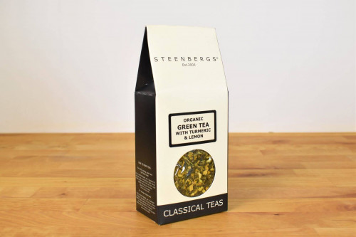 Steenbergs Loose Leaf Organic Green Tea with Turmeric and Lemon 100g box. Available from the Steenbergs UK online shop for organic loose leaf tea.