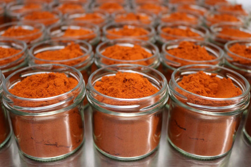 Steenbergs Organic Cayenne pepper being packed in the Steenbergs UK spice factory in North Yorkshire.
