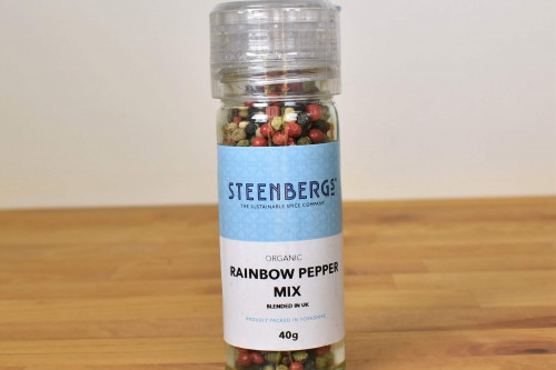 Steenbergs Organic Rainbow Pepper Mix in a grinder from Steenbergs UK online shop.