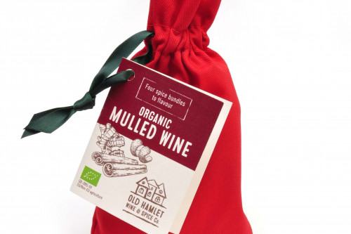 Old Hamlet Organic Mulled Wine Spice Muslin bags in a  Red Bag, blended and created in the UK and available from the Steenbergs UK online shop for mulling spices.