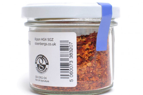 Steenbergs Organic Crushed Chilli Flakes in Glass Jar from the Steenbergs UK online shop for organic herbs and spices.