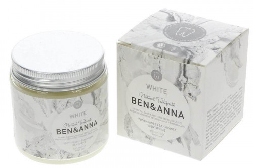 Ben & Anna Natural Toothpaste with mint oil and sage extract in glass jar from the Steenbergs UK online shop for natural and plastic free toothcare.